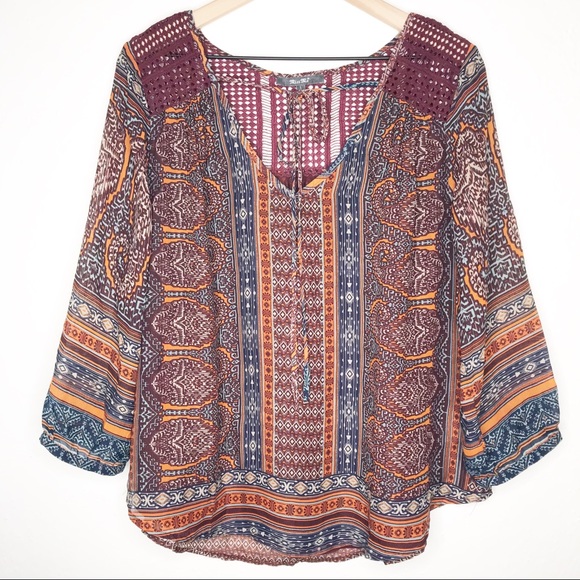 Miss Me Tops - Miss Me Orange & Blue Boho Print Lined Top